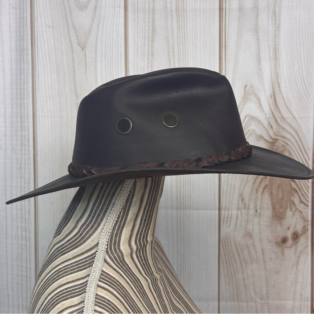 Henshel Vintage Outback Leather Hat Braided Band Outback Dark Brown Size Large
